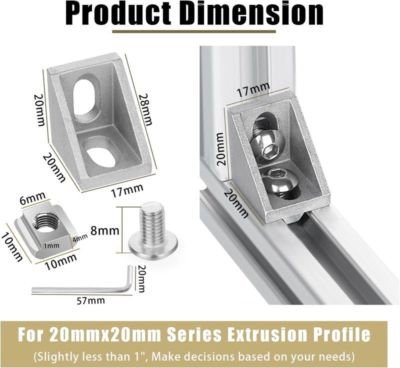tchrules 20 Set Silver 2020 Series Aluminum Profile Connector Kit, 20pcs Corner Brackets with 40pcs M5 Screw Bolts and T Slide Nuts for 2020 Series Aluminum Profile Rail, T Slot Extrusion Accessories - Image 2